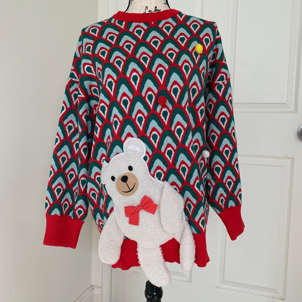 Boutique Vintage Argyle Plush Teddy Bear Design Sweater Top